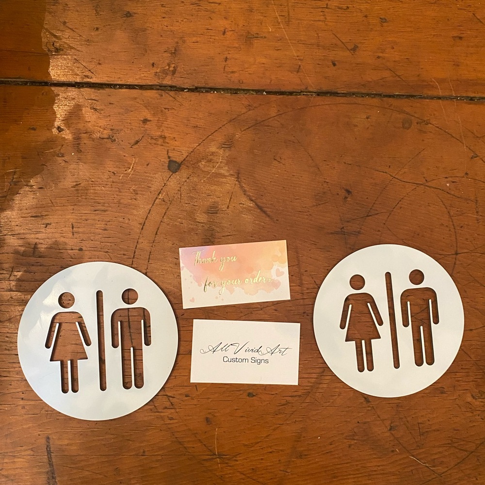 Unisex Bathroom Sign. White, 5” from AllVividArt - Etsy/Las Vegas, NV